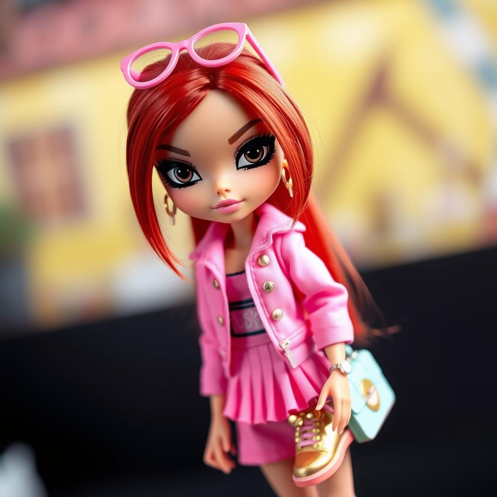 A chic Bratz doll featuring captivating black eyes and long red hair styled up, with cute pink glasses perched on her head