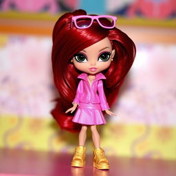 A chic Bratz doll featuring captivating black eyes and long red hair styled up, with cute pink glasses perched on her head