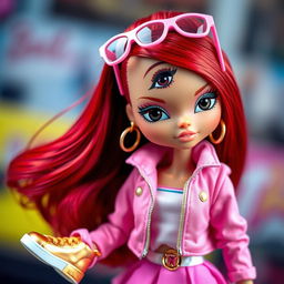 A chic Bratz doll featuring captivating black eyes and long red hair styled up, with cute pink glasses perched on her head