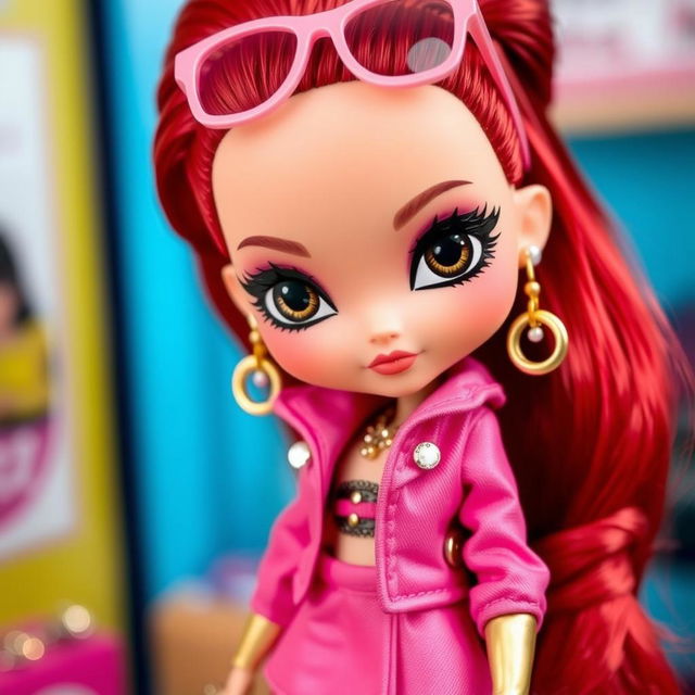 A chic Bratz doll featuring captivating black eyes and long red hair styled up, with cute pink glasses perched on her head