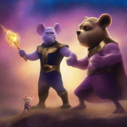 A vibrant, high-quality digital art poster featuring Mortimer Mouse and Thanos in a face-off