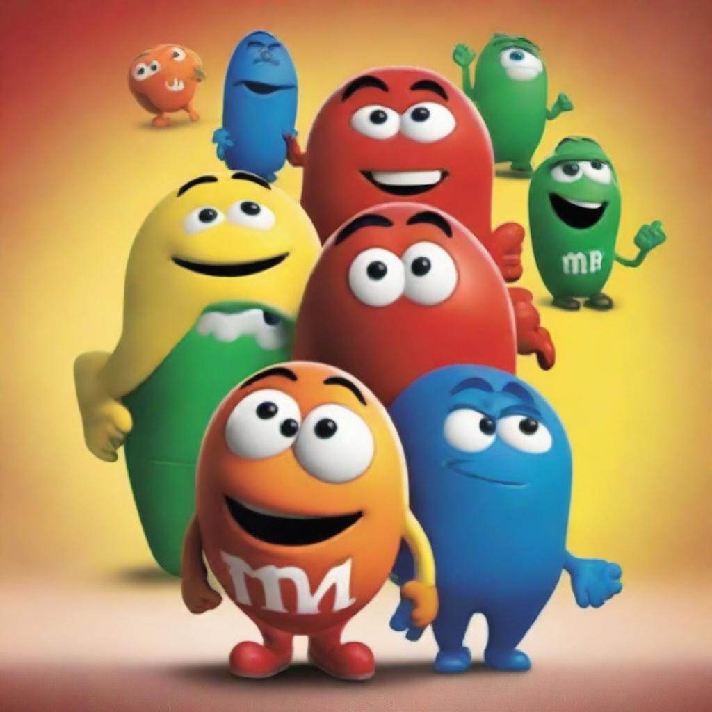 A captivating, high-quality movie poster featuring the six main M&M characters standing in a horizontal line, facing away from the viewer