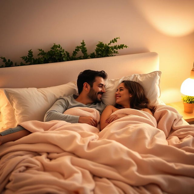 A cozy couple in a beautifully made bed, surrounded by soft, warm blankets and pillows