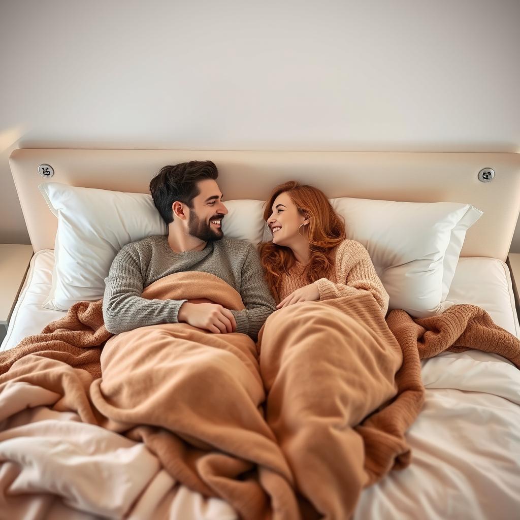 A cozy couple in a beautifully made bed, surrounded by soft, warm blankets and pillows