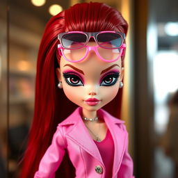 An elegant Bratz doll with striking black eyes and long red hair styled up, featuring cute pink glasses resting on her head