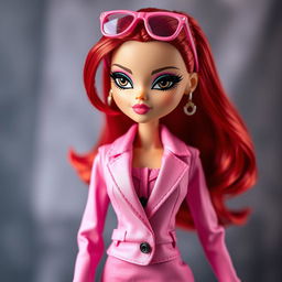 An elegant Bratz doll with striking black eyes and long red hair styled up, featuring cute pink glasses resting on her head
