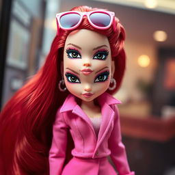 An elegant Bratz doll with striking black eyes and long red hair styled up, featuring cute pink glasses resting on her head