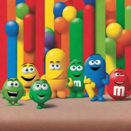 A captivating, high-quality movie poster featuring the six main M&M characters standing in a horizontal line, facing away from the viewer