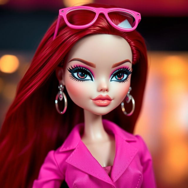 An elegant Bratz doll with striking black eyes and long red hair styled up, featuring cute pink glasses resting on her head