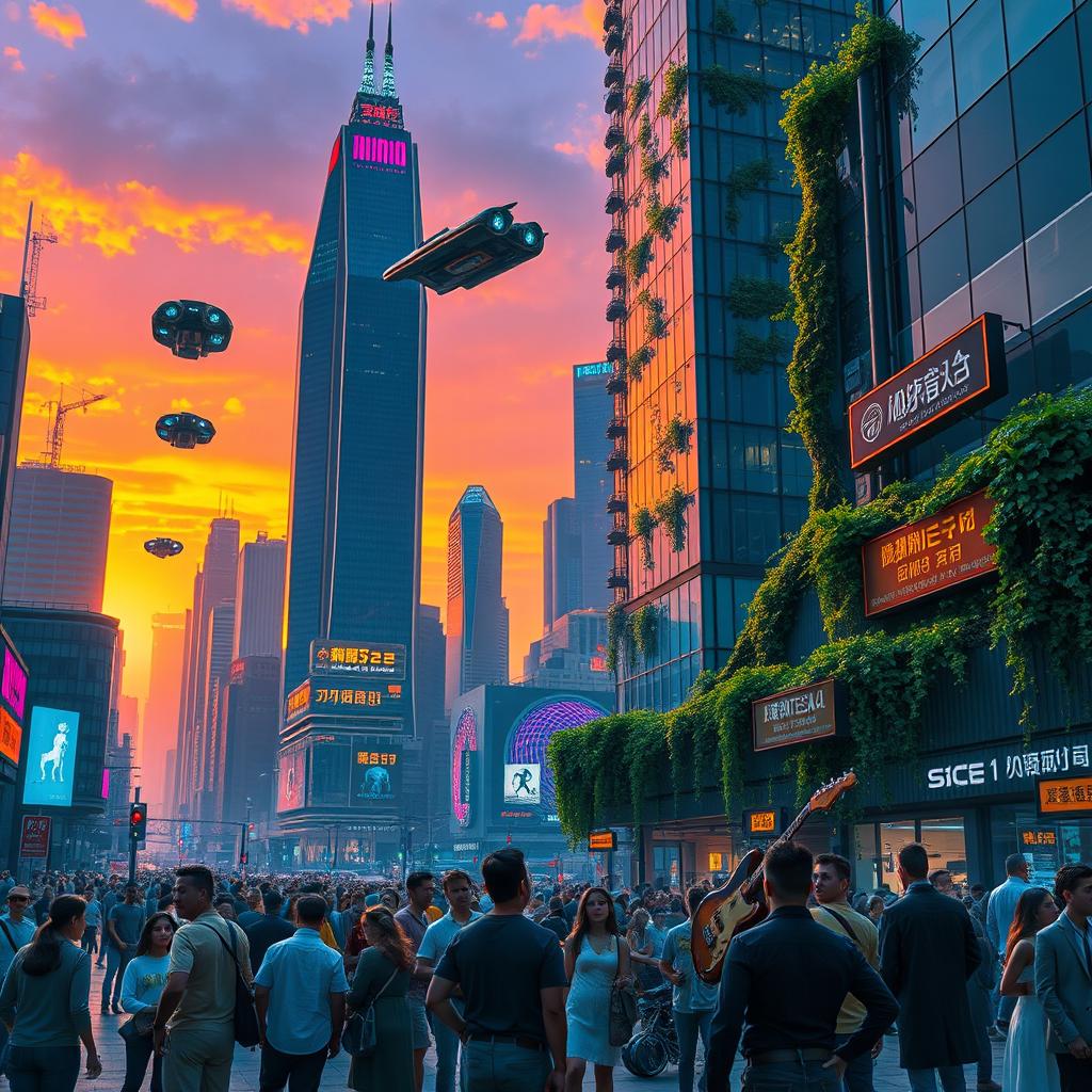 A futuristic cityscape at sunset, showcasing towering skyscrapers with glowing neon lights and flying cars zooming through the sky