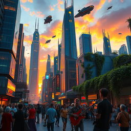 A futuristic cityscape at sunset, showcasing towering skyscrapers with glowing neon lights and flying cars zooming through the sky
