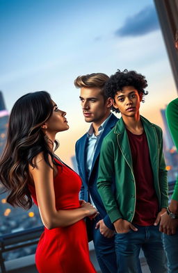 A dramatic and emotional love triangle scene featuring three stylishly dressed young adults