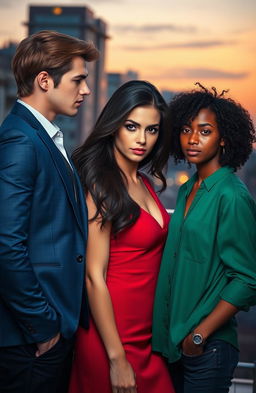 A dramatic and emotional love triangle scene featuring three stylishly dressed young adults