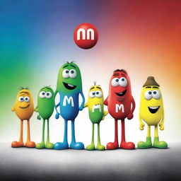 A captivating, high-quality movie poster featuring the six main M&M characters standing in a horizontal line, facing away from the viewer