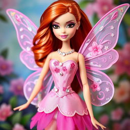 A glamorous Bratz doll with enchanting black eyes and long red hair styled up, dressed as the pink Flora fairy from Winx Club