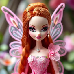 A glamorous Bratz doll with enchanting black eyes and long red hair styled up, dressed as the pink Flora fairy from Winx Club