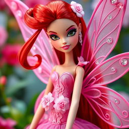 A glamorous Bratz doll with enchanting black eyes and long red hair styled up, dressed as the pink Flora fairy from Winx Club