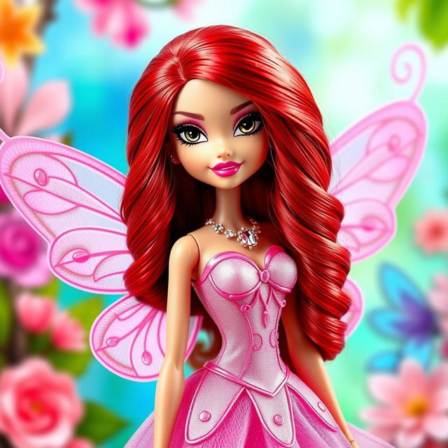 A glamorous Bratz doll with enchanting black eyes and long red hair styled up, dressed as the pink Flora fairy from Winx Club