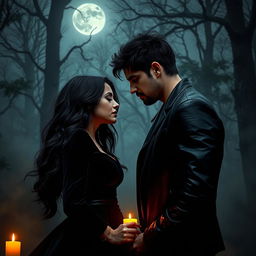 A haunting dark romance scene set in a moonlit forest