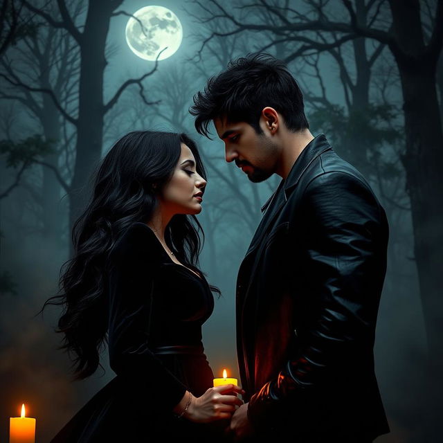 A haunting dark romance scene set in a moonlit forest