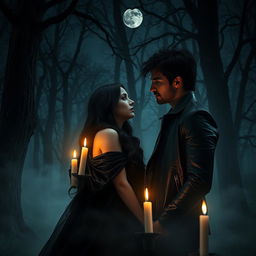 A haunting dark romance scene set in a moonlit forest