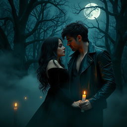 A haunting dark romance scene set in a moonlit forest