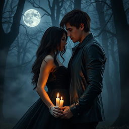 A haunting dark romance scene set in a moonlit forest