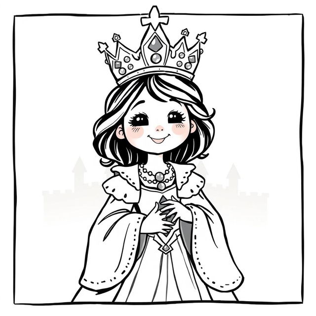 A whimsical and charming illustration of a medieval Queen, depicted in a child-friendly style