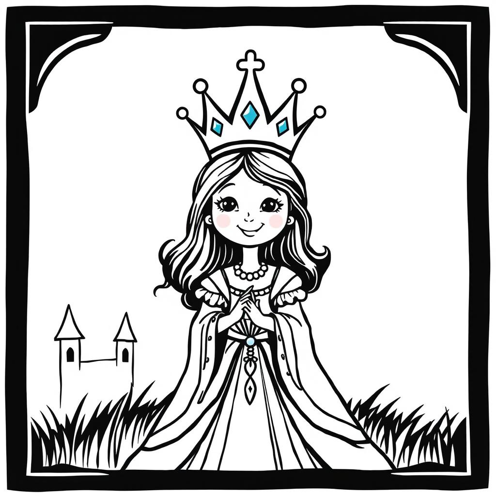 A whimsical and charming illustration of a medieval Queen, depicted in a child-friendly style