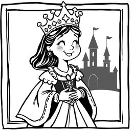 A whimsical and charming illustration of a medieval Queen, depicted in a child-friendly style