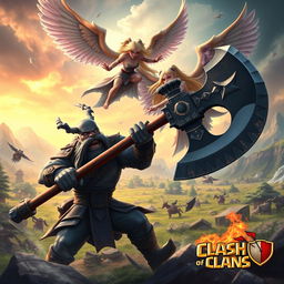 A dynamic scene depicting a fierce clash between a menacing executioner and a trio of elegant Valkyries, inspired by the Clash of Clans universe