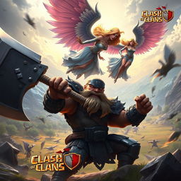 A dynamic scene depicting a fierce clash between a menacing executioner and a trio of elegant Valkyries, inspired by the Clash of Clans universe