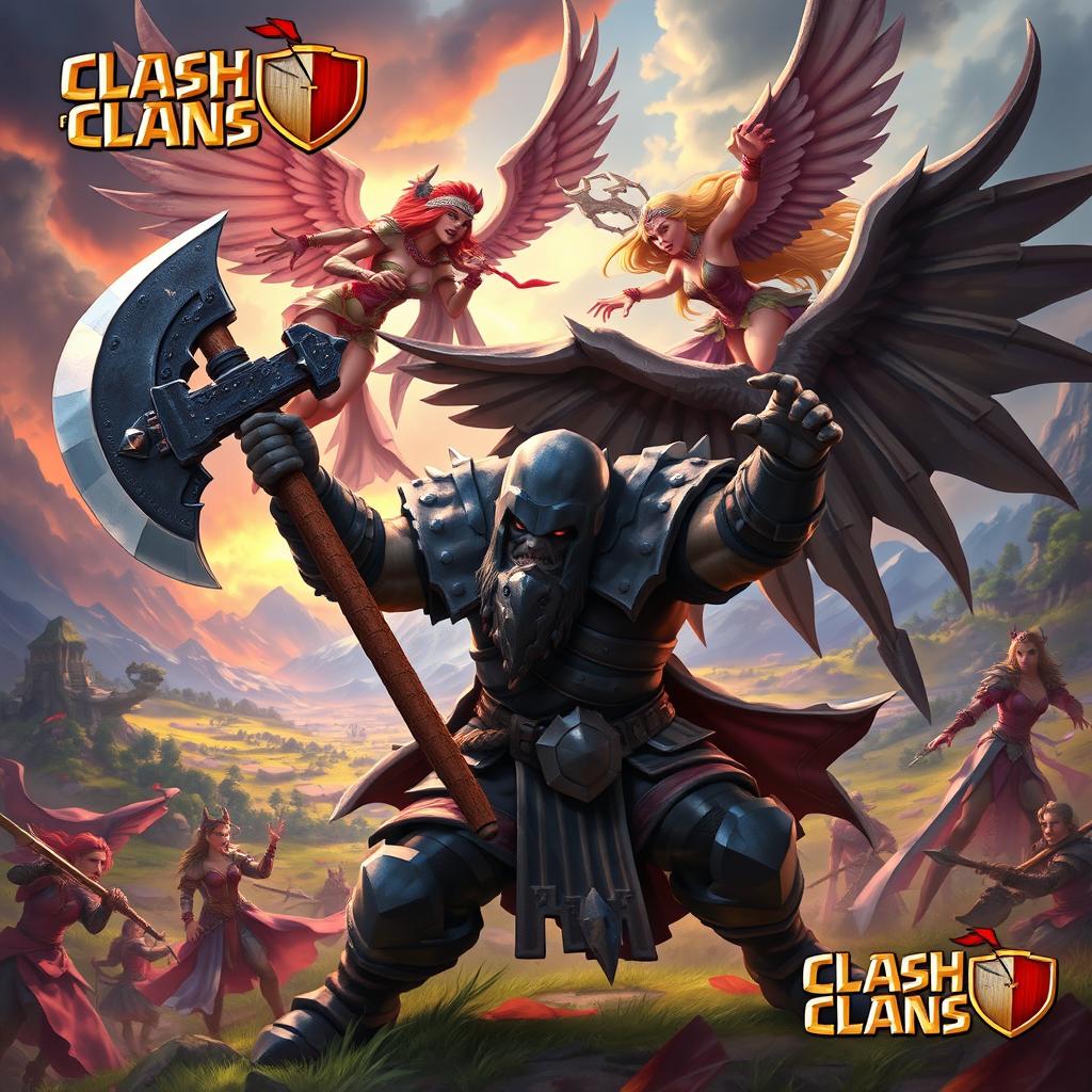 A dynamic scene depicting a fierce clash between a menacing executioner and a trio of elegant Valkyries, inspired by the Clash of Clans universe
