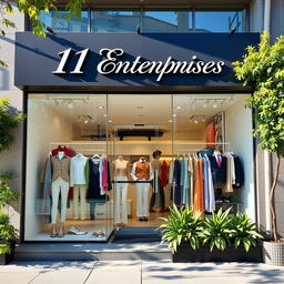 A vibrant and modern storefront for a clothing business named "11 Enterprises", showcasing a wide variety of stylish outfits displayed in an inviting manner