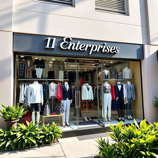 A vibrant and modern storefront for a clothing business named "11 Enterprises", showcasing a wide variety of stylish outfits displayed in an inviting manner