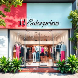 A vibrant and modern storefront for a clothing business named "11 Enterprises", showcasing a wide variety of stylish outfits displayed in an inviting manner