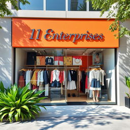 A vibrant and modern storefront for a clothing business named "11 Enterprises", showcasing a wide variety of stylish outfits displayed in an inviting manner