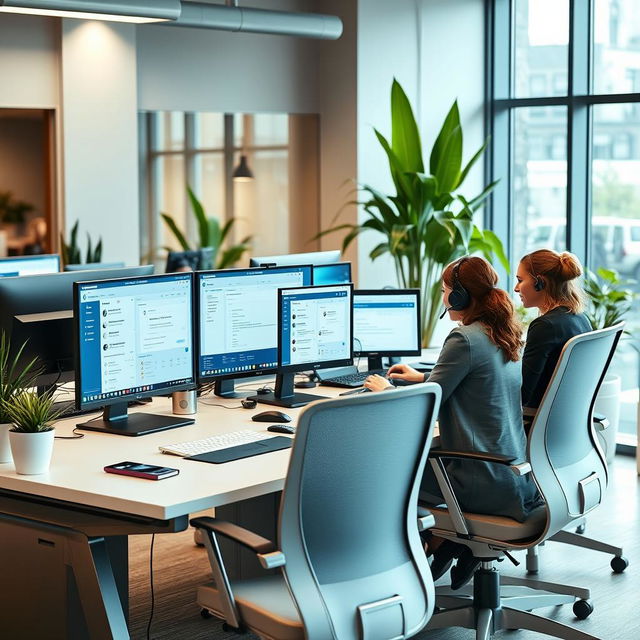 A high-tech help desk scene set in a modern office, featuring a sleek desk with multiple screens displaying customer support tickets and chat interfaces