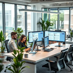 A high-tech help desk scene set in a modern office, featuring a sleek desk with multiple screens displaying customer support tickets and chat interfaces