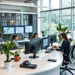A high-tech help desk scene set in a modern office, featuring a sleek desk with multiple screens displaying customer support tickets and chat interfaces