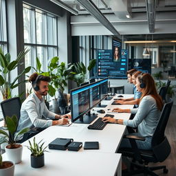 A high-tech help desk scene set in a modern office, featuring a sleek desk with multiple screens displaying customer support tickets and chat interfaces