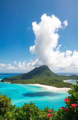 A stunning view of a tropical island with lush greenery and soft, white sandy beaches, surrounded by turquoise waters