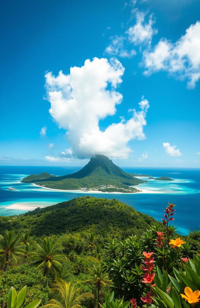 A stunning view of a tropical island with lush greenery and soft, white sandy beaches, surrounded by turquoise waters