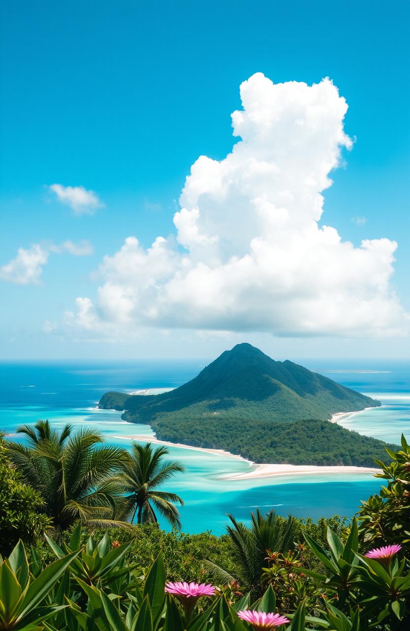 A stunning view of a tropical island with lush greenery and soft, white sandy beaches, surrounded by turquoise waters