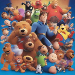 An explosive, high-quality action movie poster featuring a diverse ensemble of characters, including Ted the Teddy Bear, Mortimer Mouse, Caillou, John Wick, Buzz Lightyear, Woody the Cowboy, Jackie Chan, the Blue M&M, Darr Man, Greg Heffley, Jake the Dog, Freddy Fazbear, Black Adam, a Woodpecker, and Spider-Man