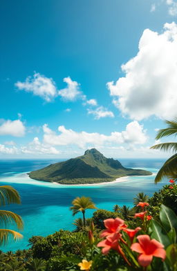 A stunning view of a tropical island with lush greenery and soft, white sandy beaches, surrounded by turquoise waters