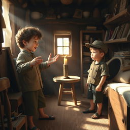 Two boys, one twelve years old and one eight years old, engaged in a lively conversation inside a humble 19th-century home