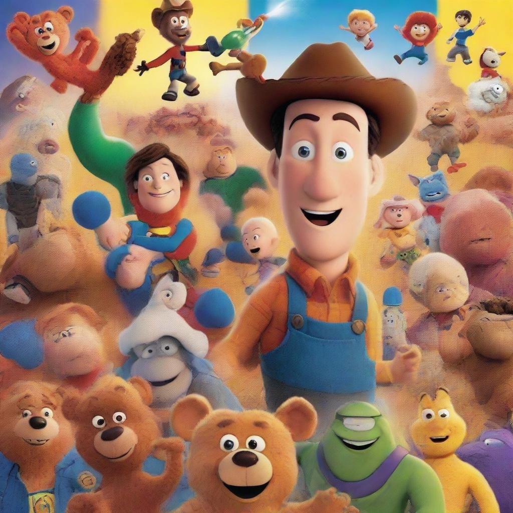 An explosive, high-quality action movie poster featuring a diverse ensemble of characters, including Ted the Teddy Bear, Mortimer Mouse, Caillou, John Wick, Buzz Lightyear, Woody the Cowboy, Jackie Chan, the Blue M&M, Darr Man, Greg Heffley, Jake the Dog, Freddy Fazbear, Black Adam, a Woodpecker, and Spider-Man