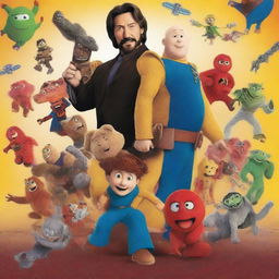 An explosive, high-quality action movie poster featuring a diverse ensemble of characters, including Ted the Teddy Bear, Mortimer Mouse, Caillou, John Wick, Buzz Lightyear, Woody the Cowboy, Jackie Chan, the Blue M&M, Darr Man, Greg Heffley, Jake the Dog, Freddy Fazbear, Black Adam, a Woodpecker, and Spider-Man