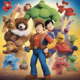 An explosive, high-quality action movie poster featuring a diverse ensemble of characters, including Ted the Teddy Bear, Mortimer Mouse, Caillou, John Wick, Buzz Lightyear, Woody the Cowboy, Jackie Chan, the Blue M&M, Darr Man, Greg Heffley, Jake the Dog, Freddy Fazbear, Black Adam, a Woodpecker, and Spider-Man